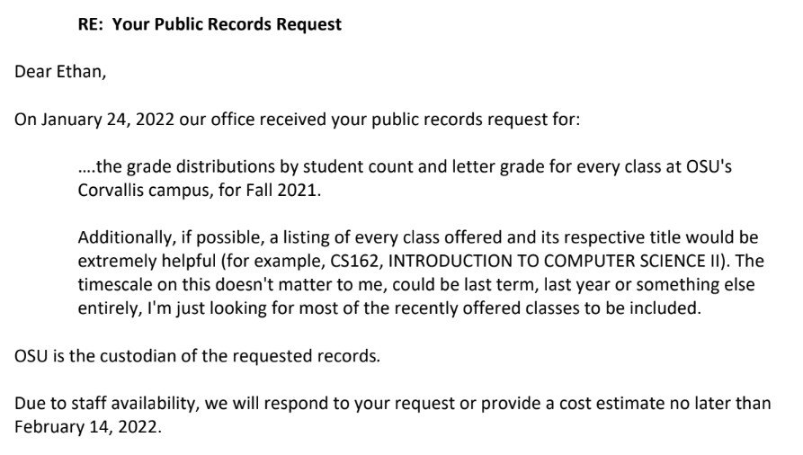 Response from OSU about my FOIA request