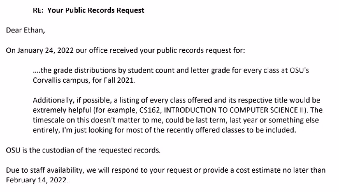 Response from OSU about my FOIA request